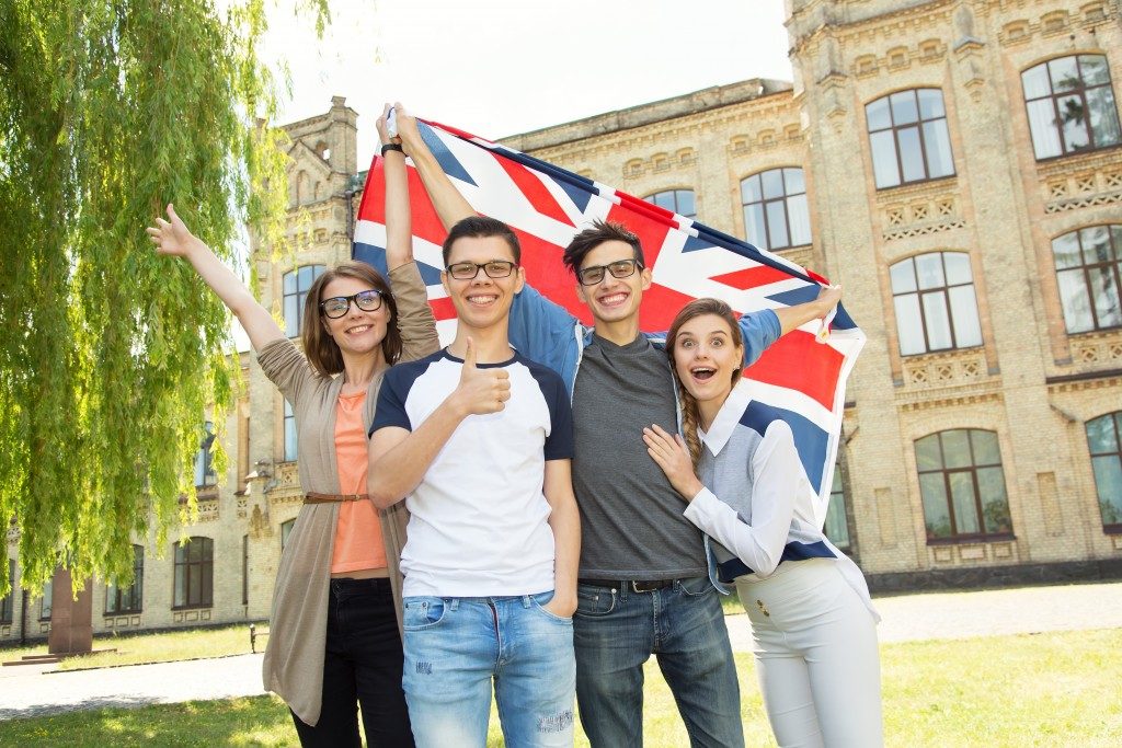 students with the UK flag